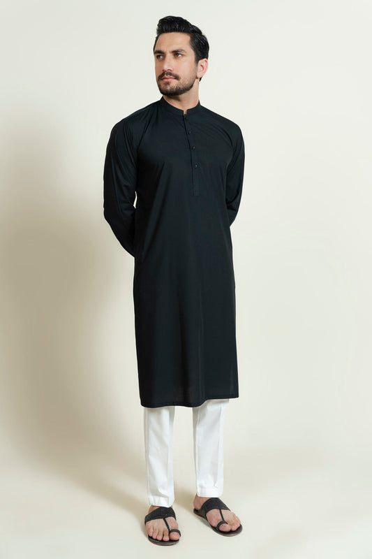 Midnight Navy Silk Blend 2-Piece Kurta | Band Collar