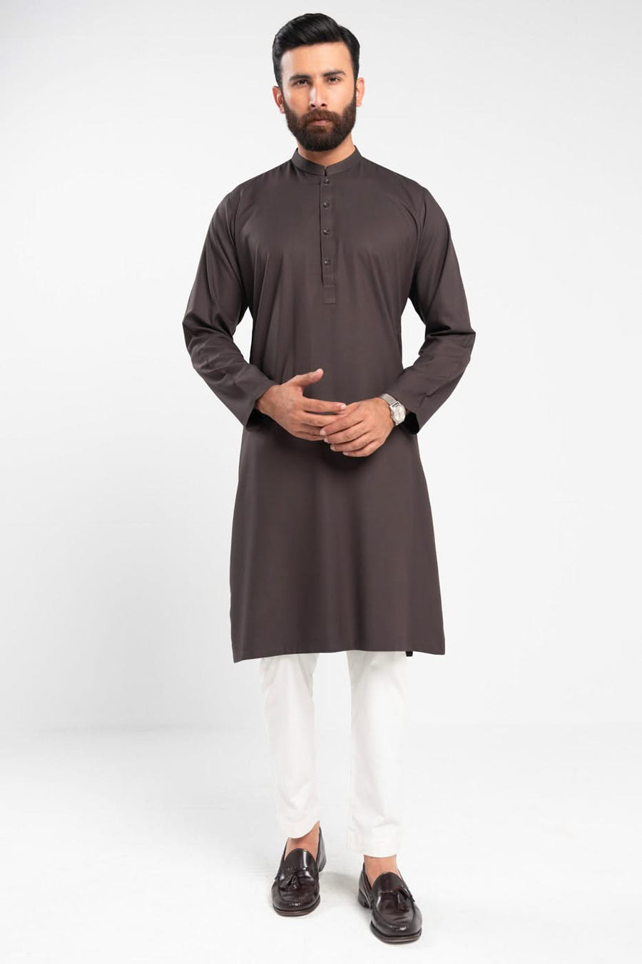 Chocolate Brown Silk Blend 2-Piece Kurta | Band Collar