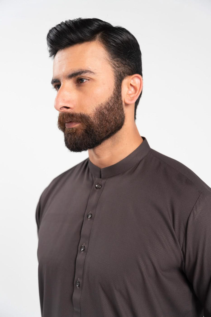 Chocolate Brown Silk Blend 2-Piece Kurta | Band Collar