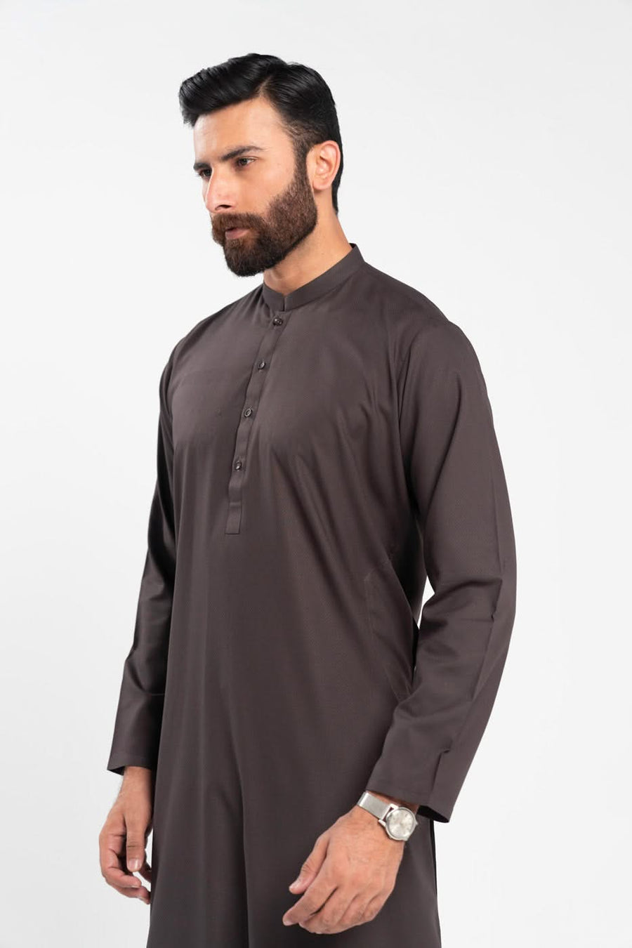 Chocolate Brown Silk Blend 2-Piece Kurta | Band Collar