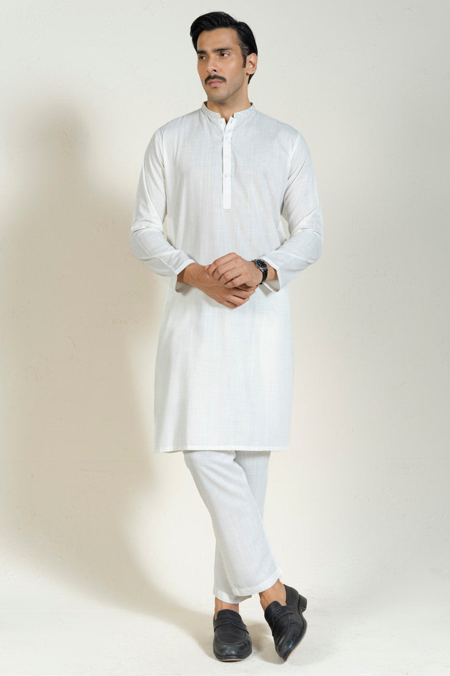 Off-White Linen 2-Piece Kurta Set | Mandarin Collar