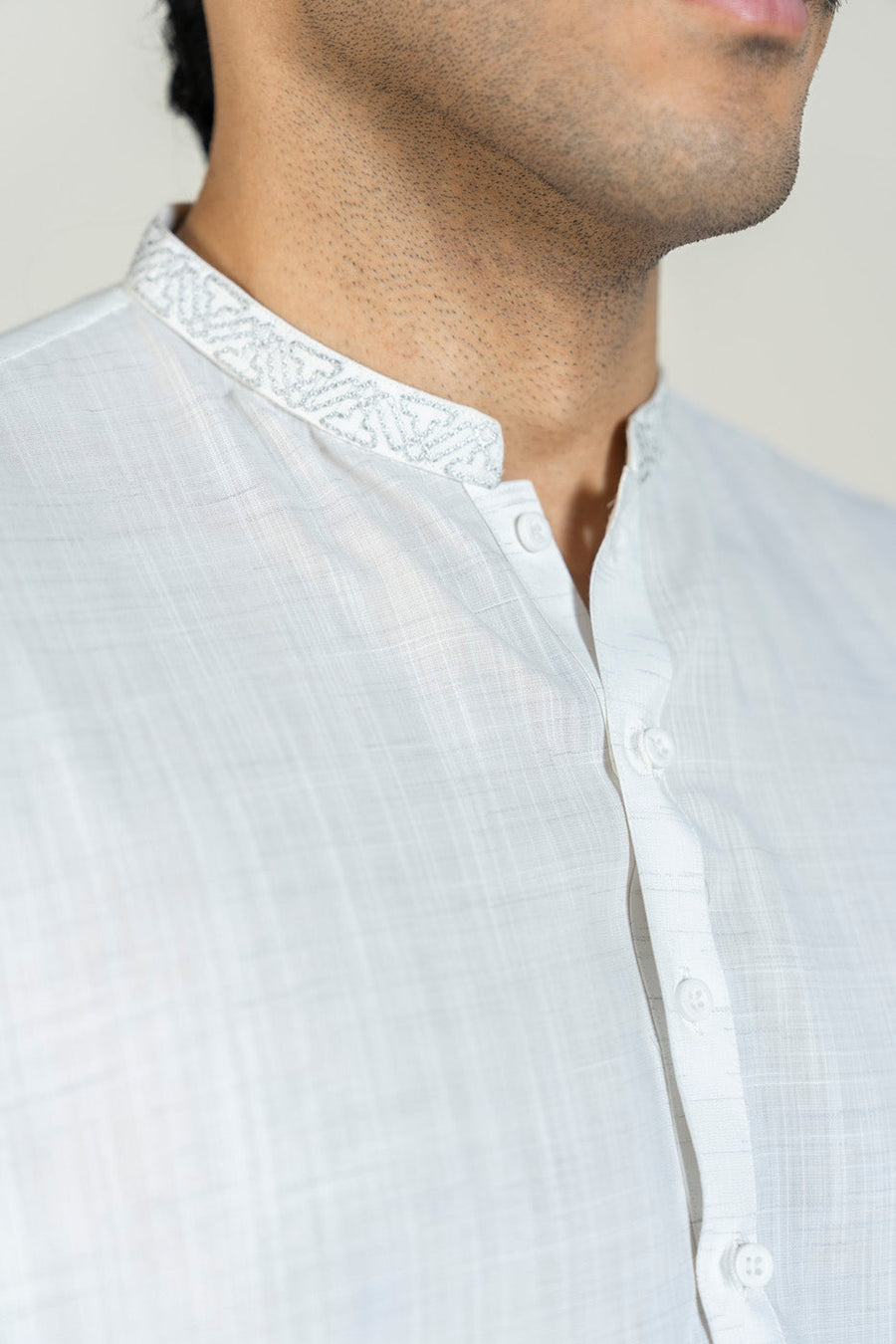 Off-White Linen 2-Piece Kurta Set | Mandarin Collar