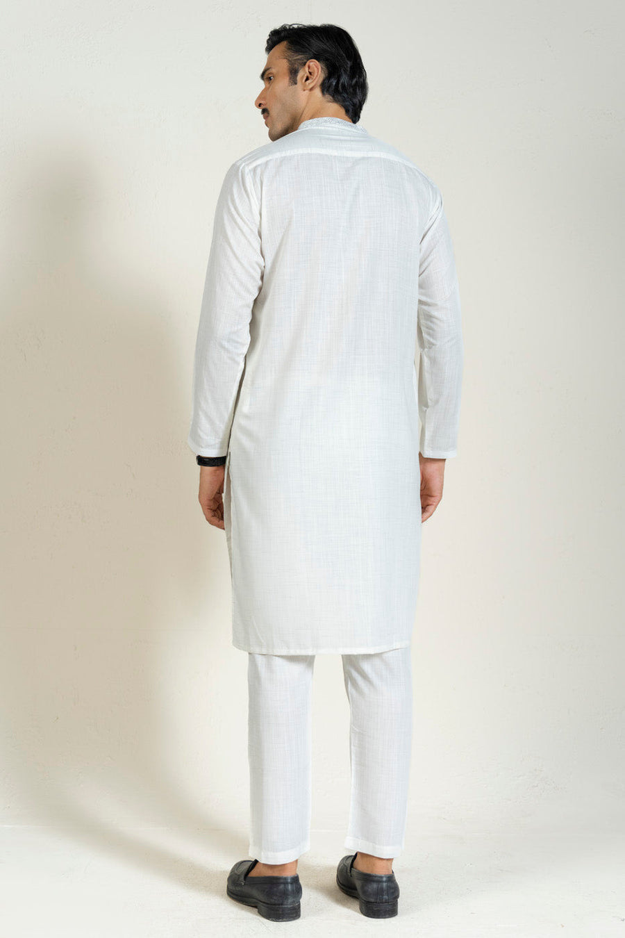Off-White Linen 2-Piece Kurta Set | Mandarin Collar
