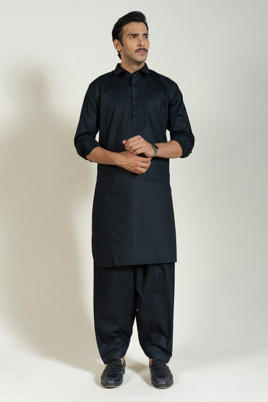 Midnight Navy Cotton Blend 2-Piece Kurta | Band Collar