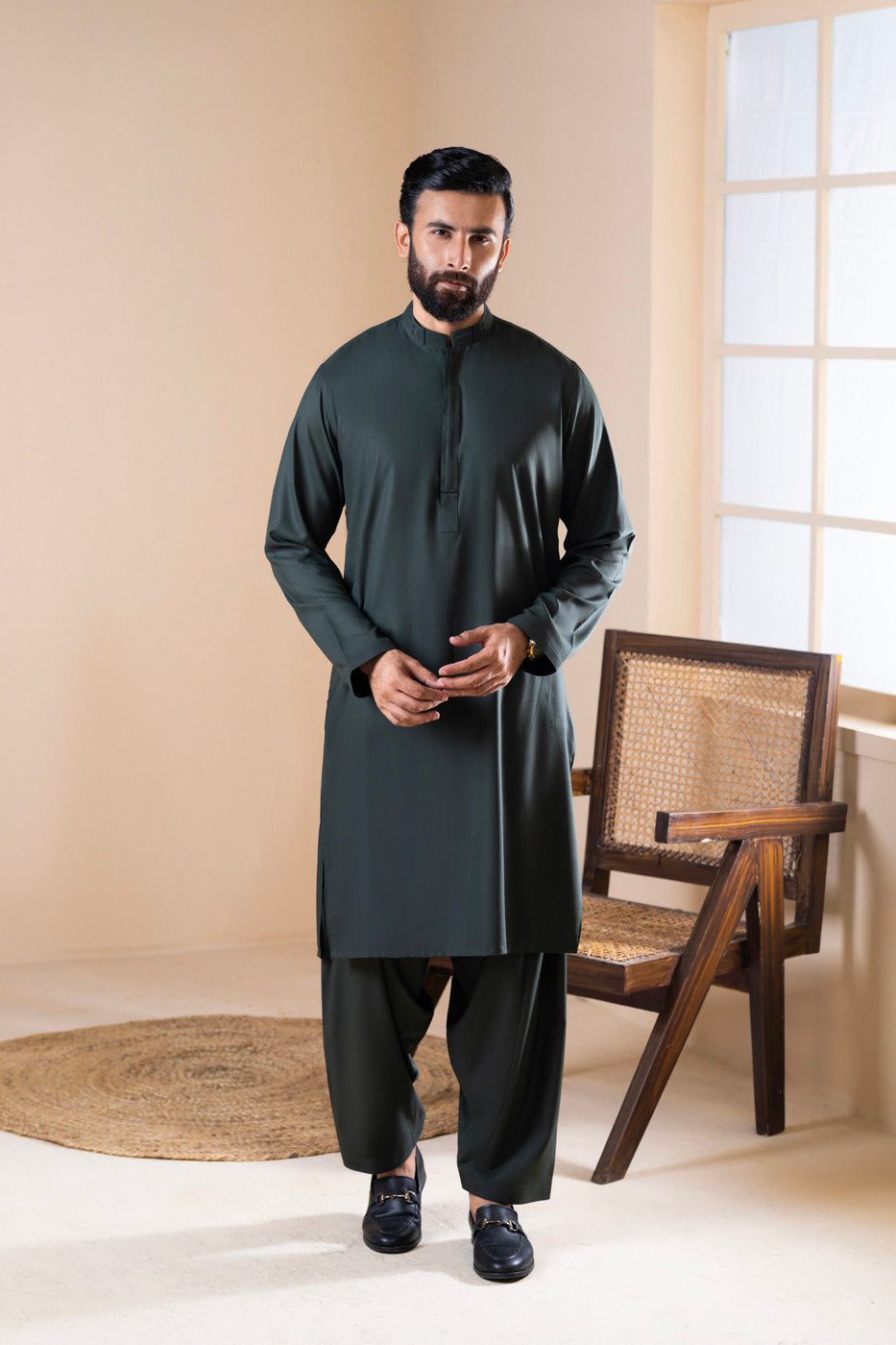 Sage Crepe 2-Piece kurta-shalwar | Band Collar