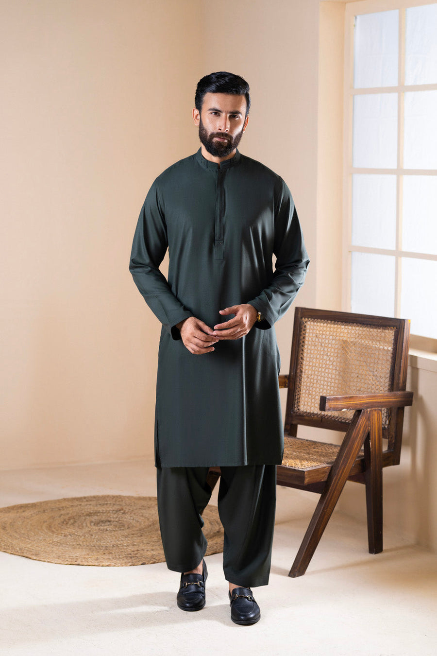 Sage Crepe 2-Piece kurta-shalwar | Band Collar