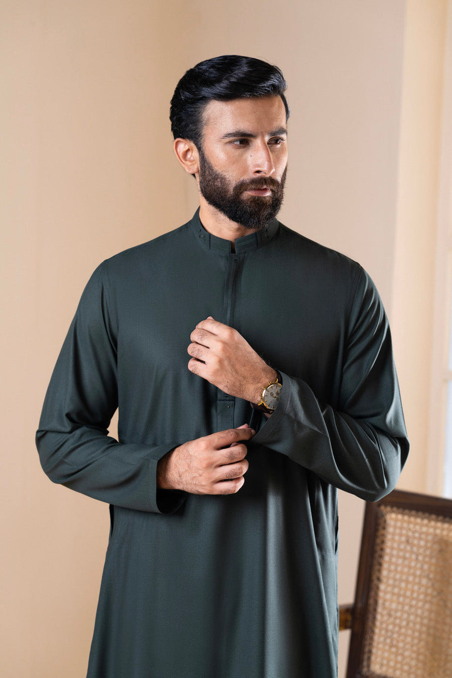 Sage Crepe 2-Piece kurta-shalwar | Band Collar