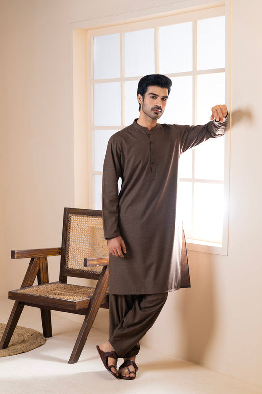 Chocolate Brown Linen 2-Piece Kurta Set | Band Collar