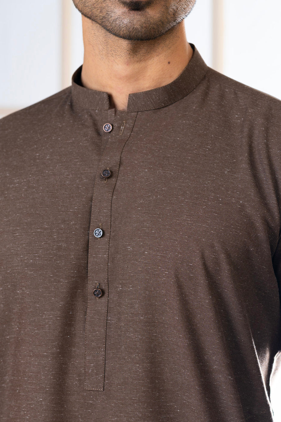 Chocolate Brown Linen 2-Piece Kurta Set | Band Collar