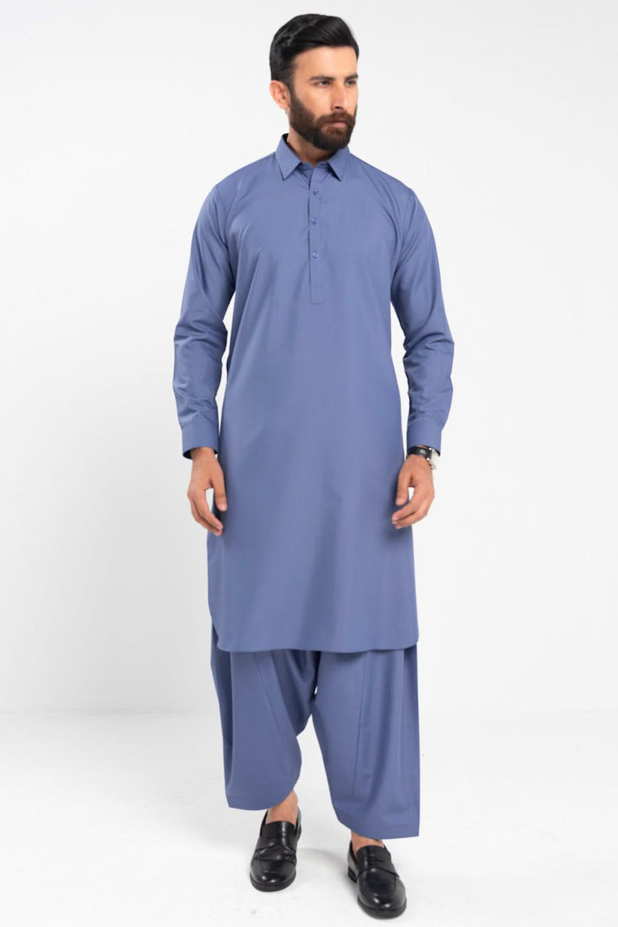 Slate Blue Silk-Blend 2-Piece Kurta Set | Crisp Collar