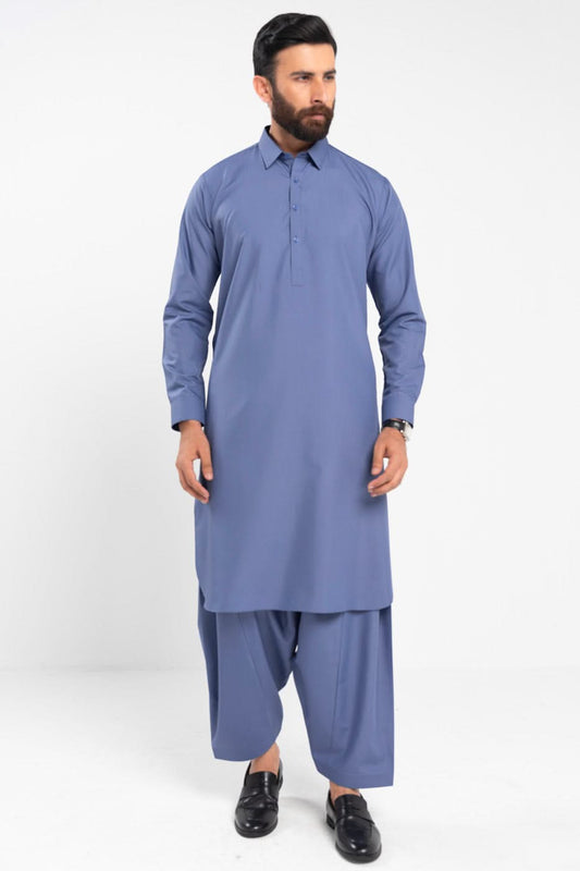Slate Blue Silk-Blend 2-Piece Kurta Set | Crisp Collar