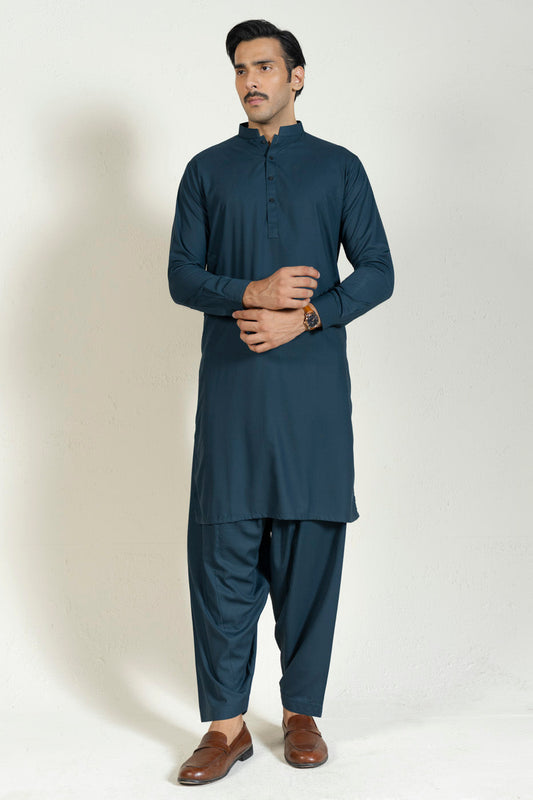 Teal Egyptian Cotton 2-Piece Kurta Set | Band Collar