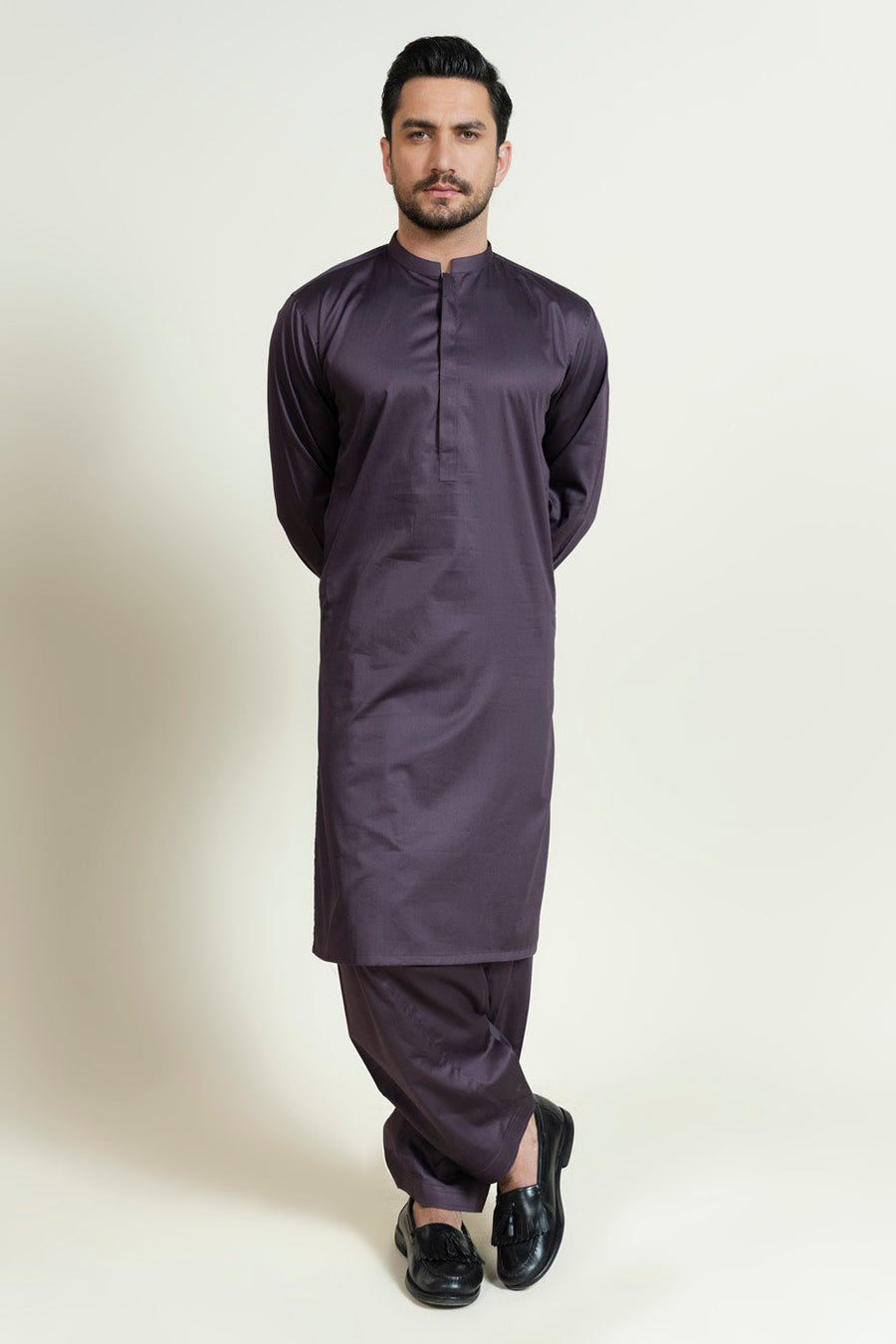 Plum Silk Blend 2-Piece kurta-shalwar | Band Collar
