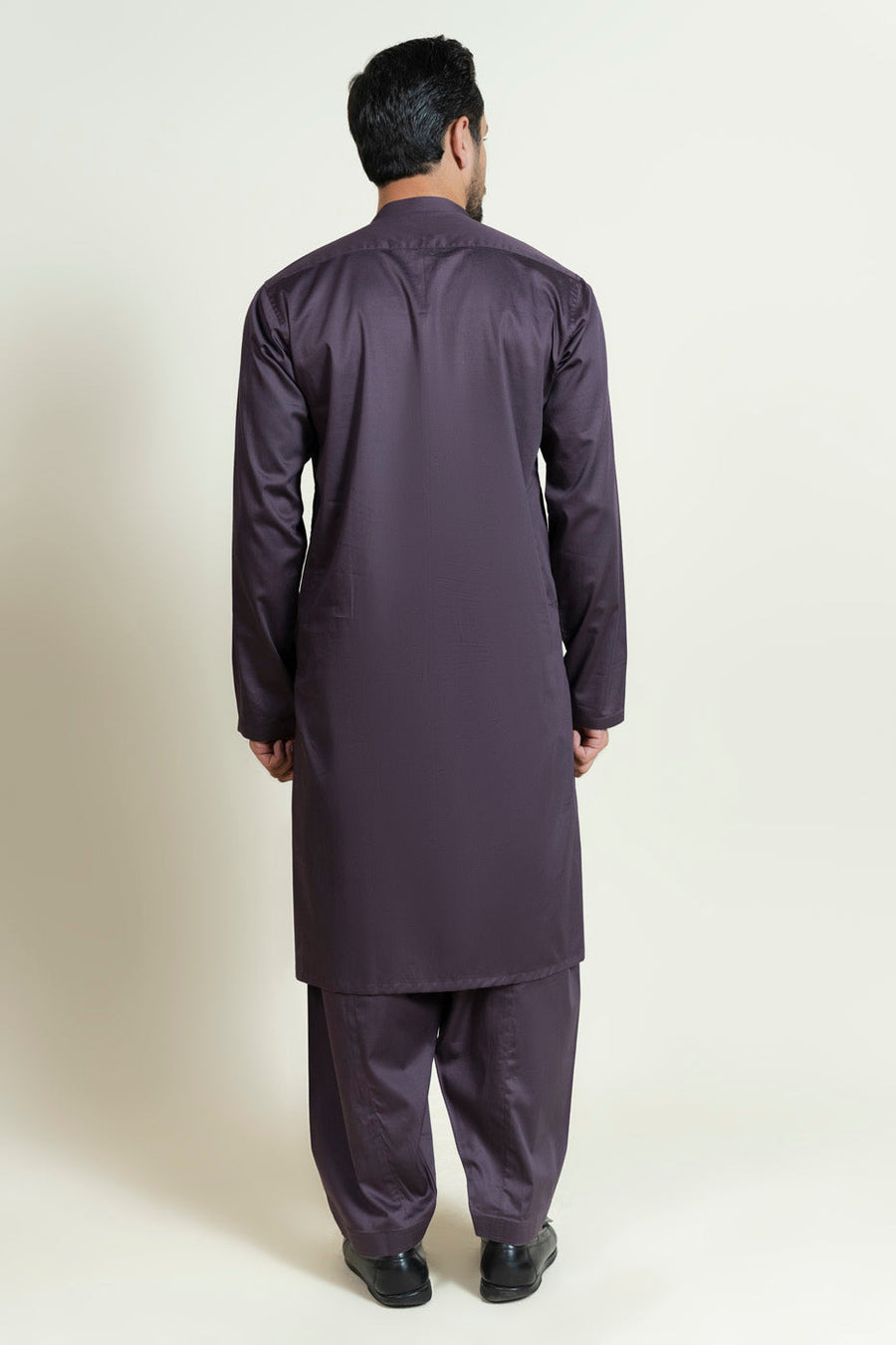 Plum Silk Blend 2-Piece kurta-shalwar | Band Collar