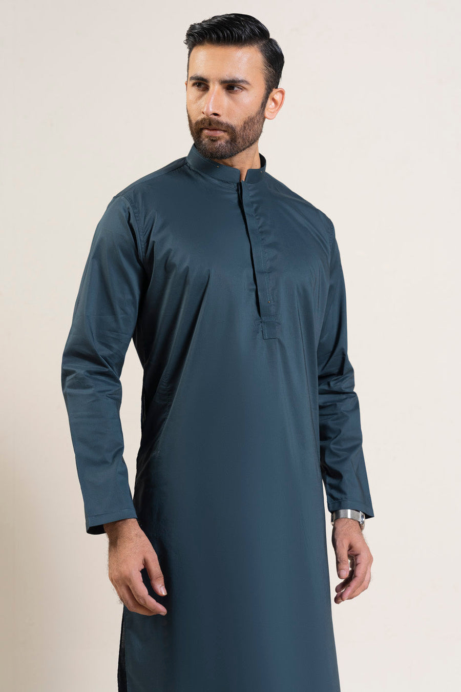 Slate Blue Cotton 2-Piece Kurta Set | Half-Button Collar