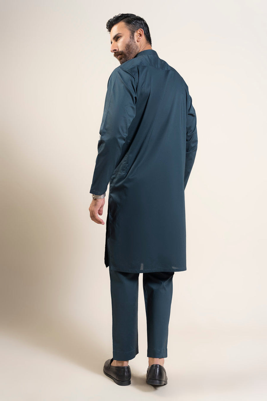 Slate Blue Cotton 2-Piece Kurta Set | Half-Button Collar