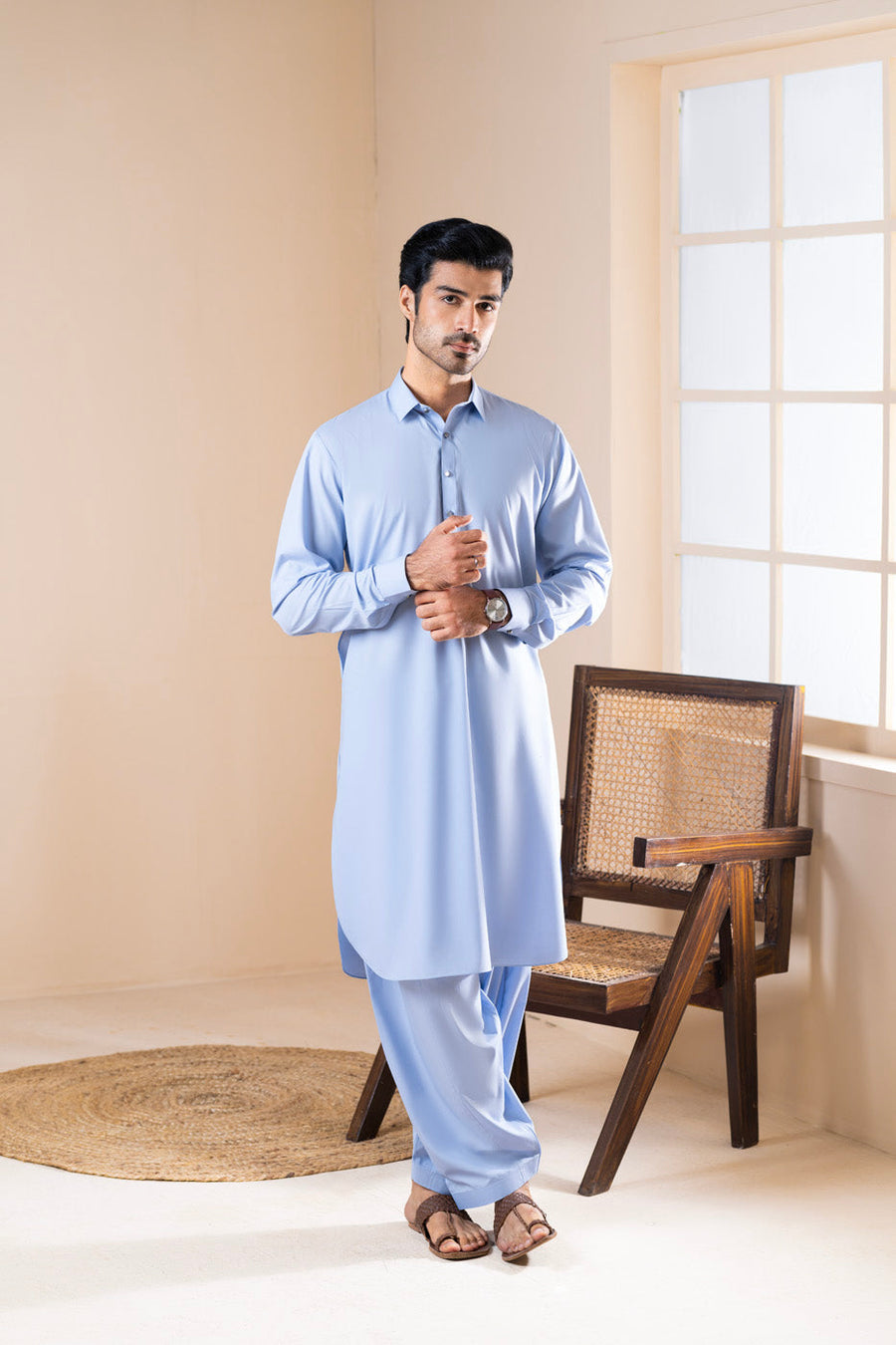 Slate Blue Silk Cotton 2-Piece Kurta | Classic Shirt Collar