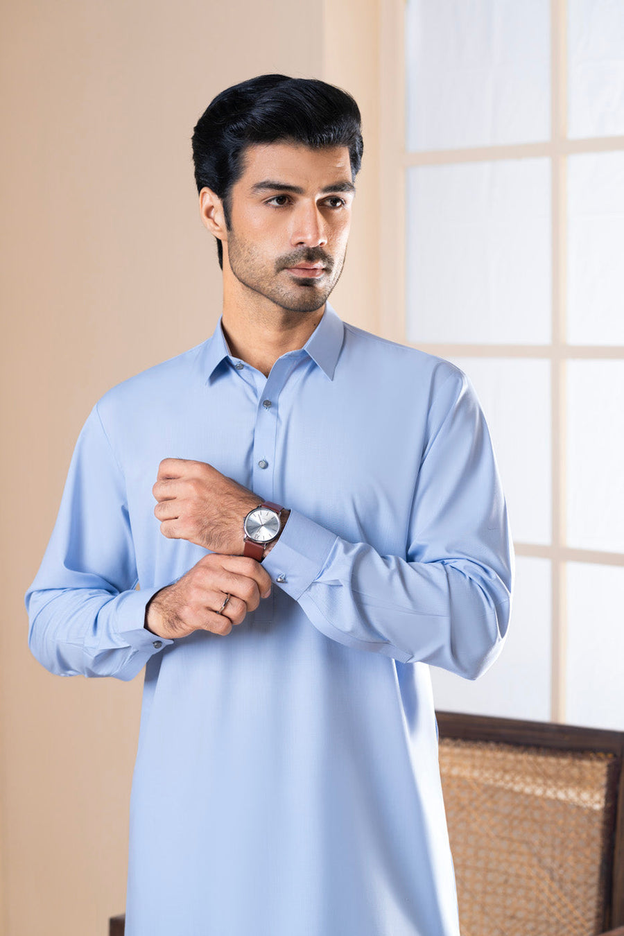 Slate Blue Silk Cotton 2-Piece Kurta | Classic Shirt Collar
