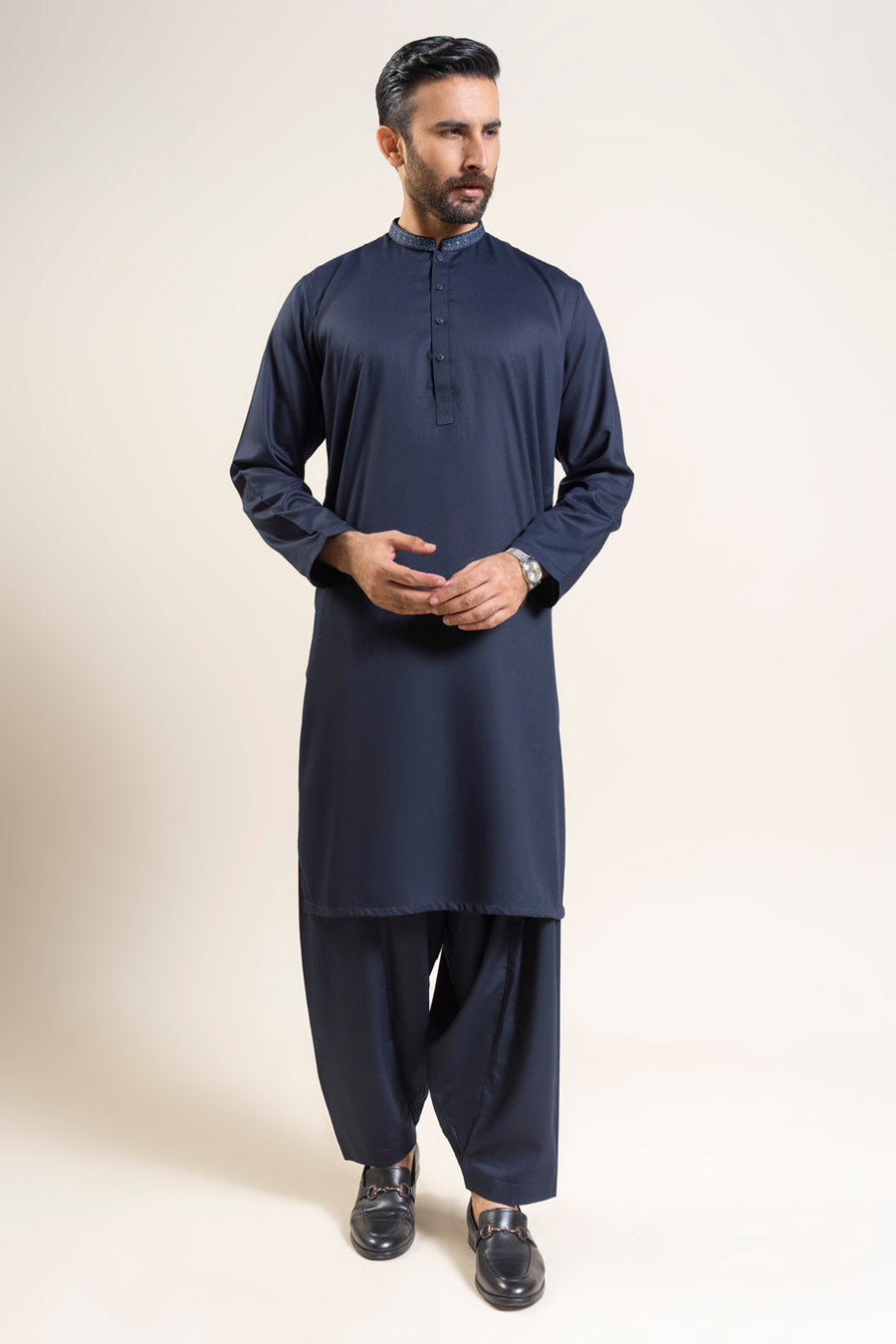 Midnight Navy Cotton 2-Piece Kurta | Band Collar Design