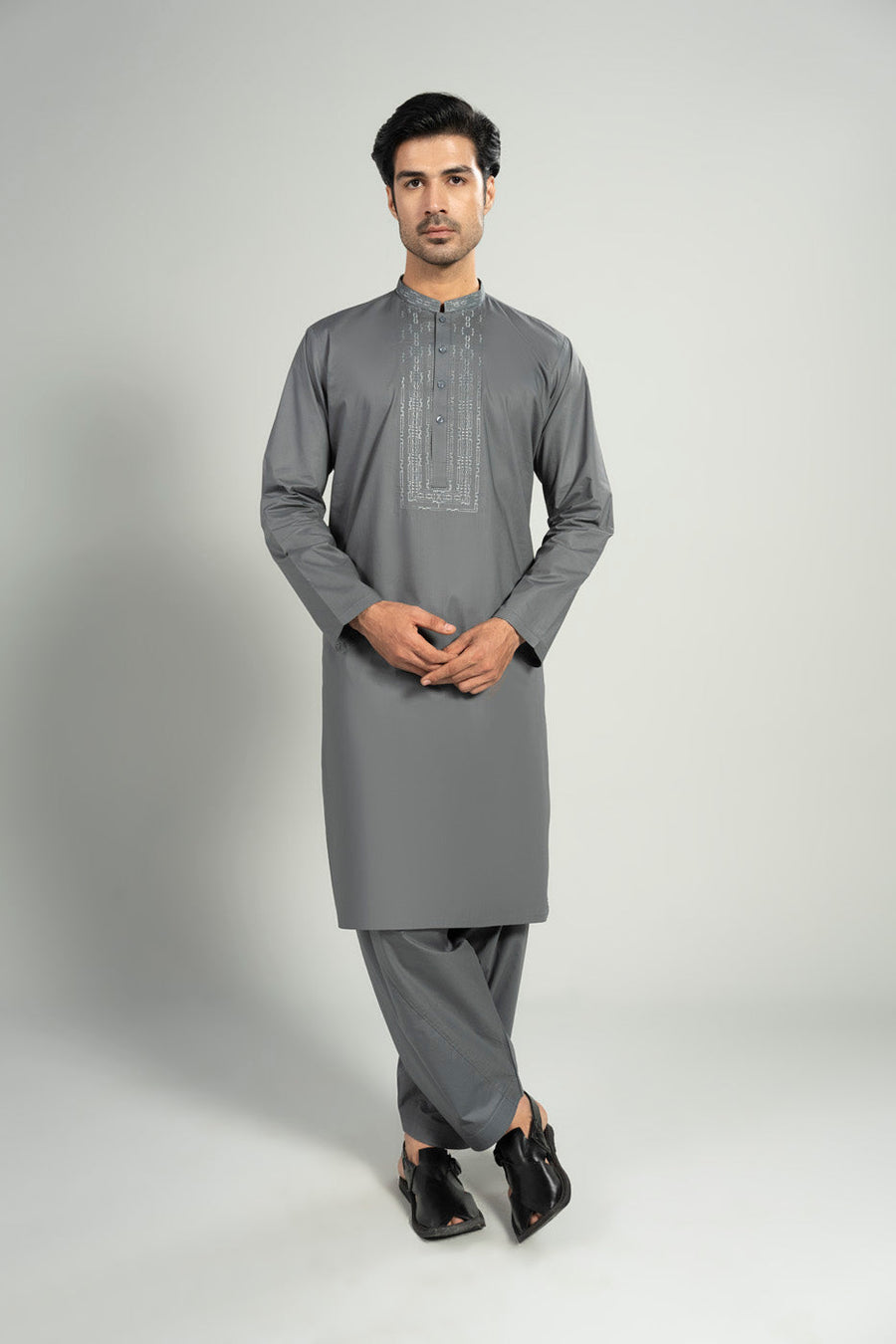 Slate Gray Silk Blend 2-Piece Kurta Set | Resham Yoke