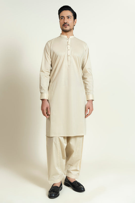 Ivory Cotton 2-Piece Kurta Set | Band Collar