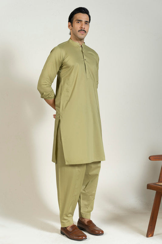 Sage Cotton 2-Piece Kurta Set | Band Collar Minimalist