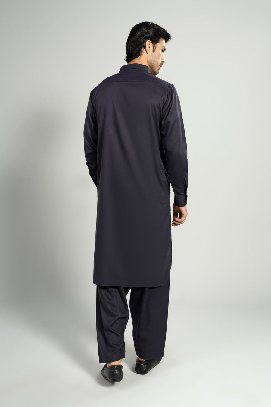 Midnight Navy Blended Fabric 2-Piece Kameez Shalwar | Band Collar