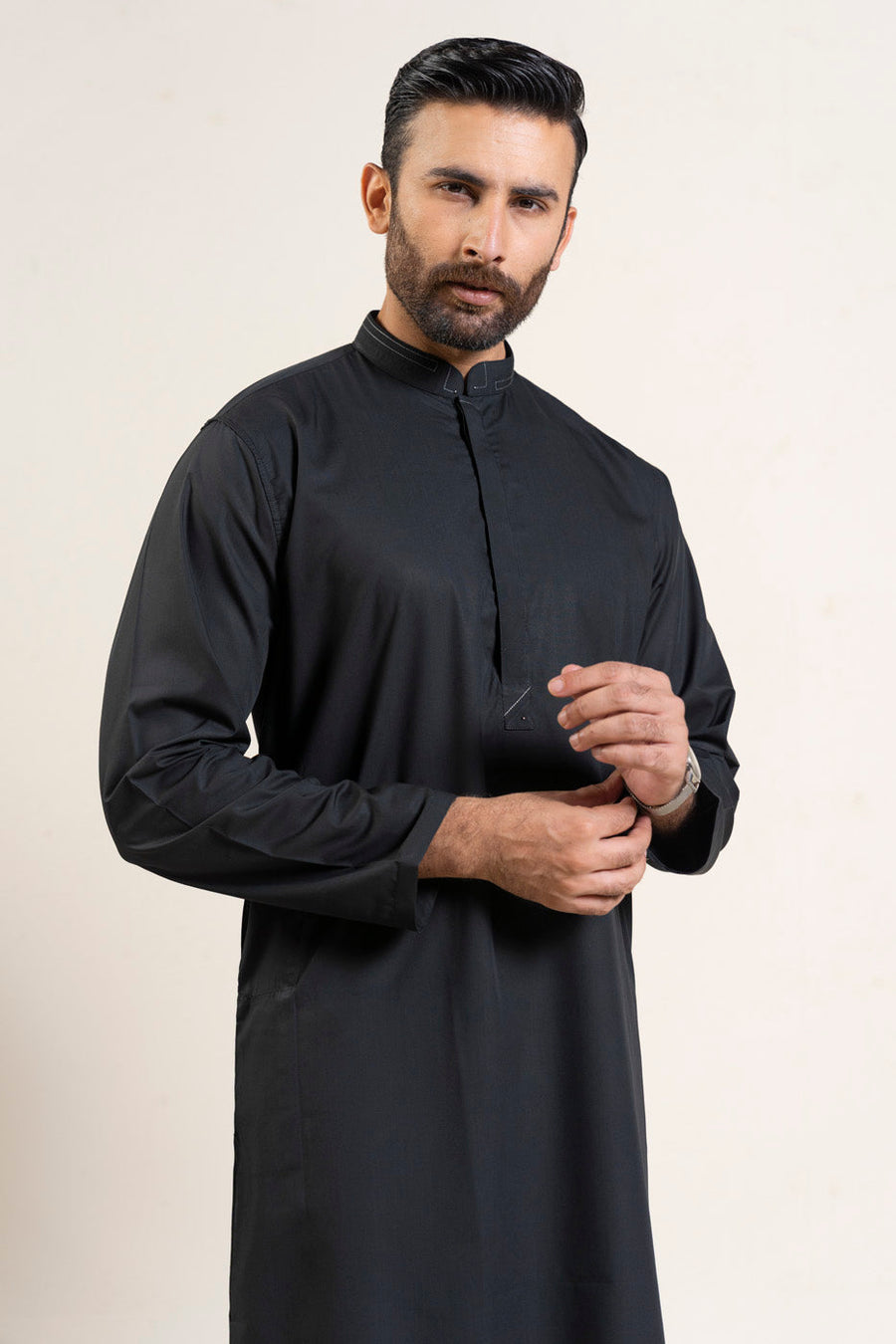 Midnight Cotton Blend 2-Piece Kurta Set | Band Collar