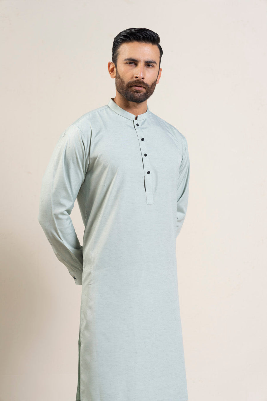 Sage Muga Silk 2-Piece kurta-shalwar | Band Collar