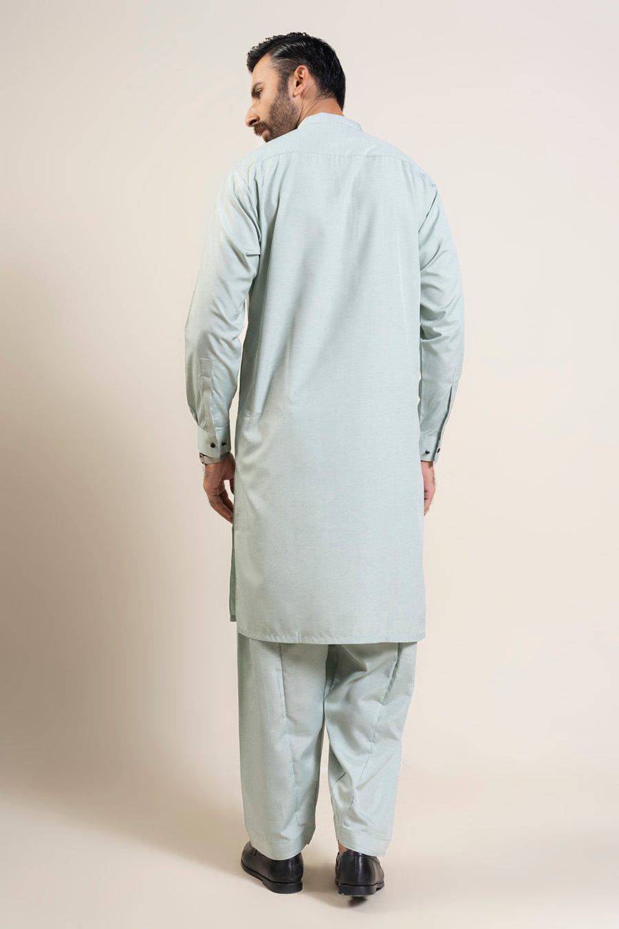 Sage Muga Silk 2-Piece kurta-shalwar | Band Collar