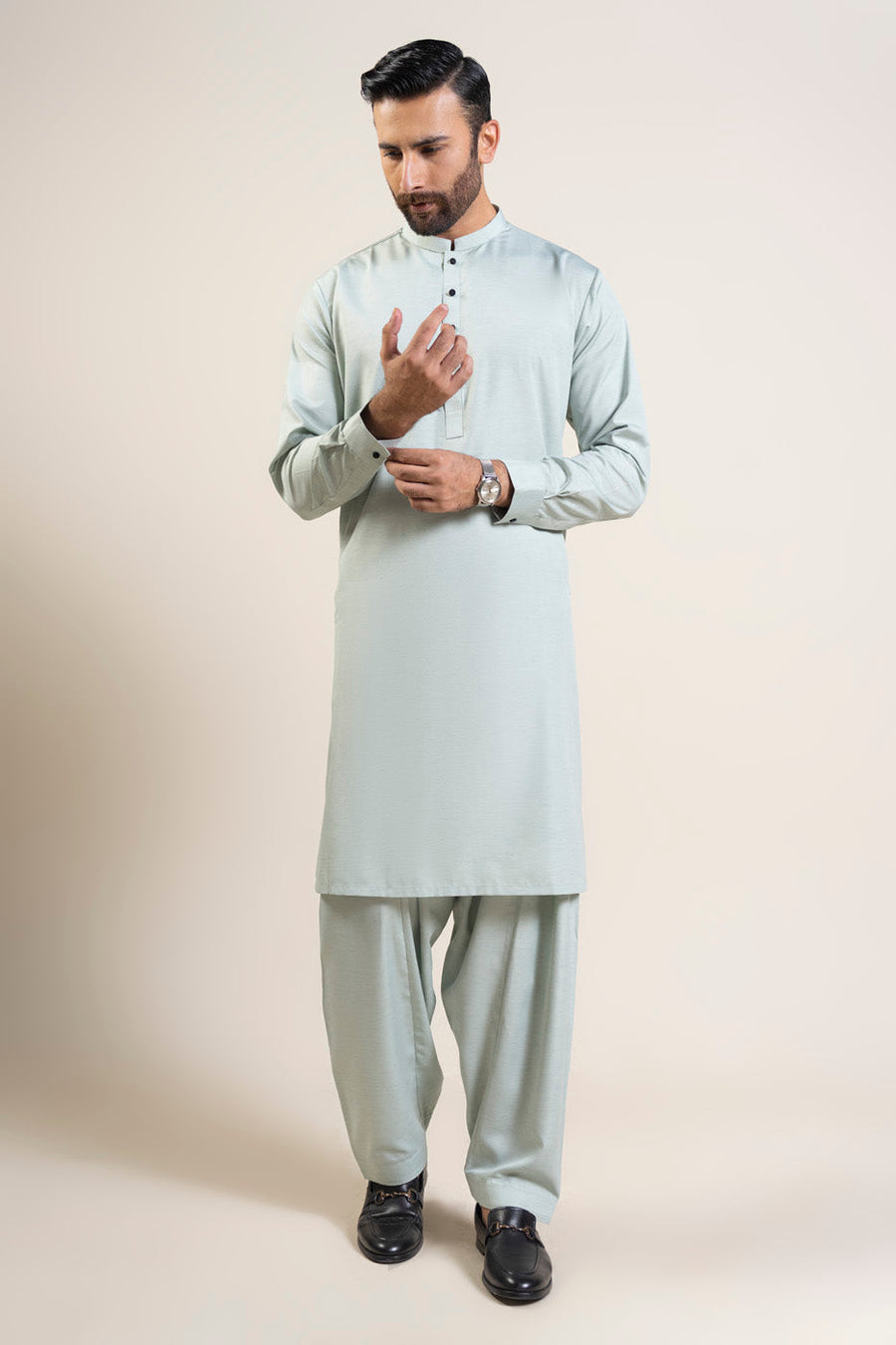 Sage Muga Silk 2-Piece kurta-shalwar | Band Collar