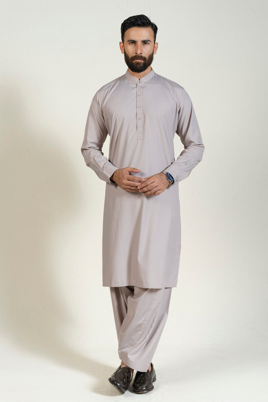 Taupe Egyptian Cotton 2-Piece Kurta | Minimalist Collar
