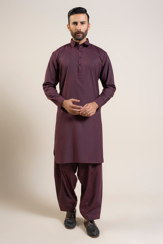 Plum Silk Blend 2-Piece Kurta Suit | Classic Collar