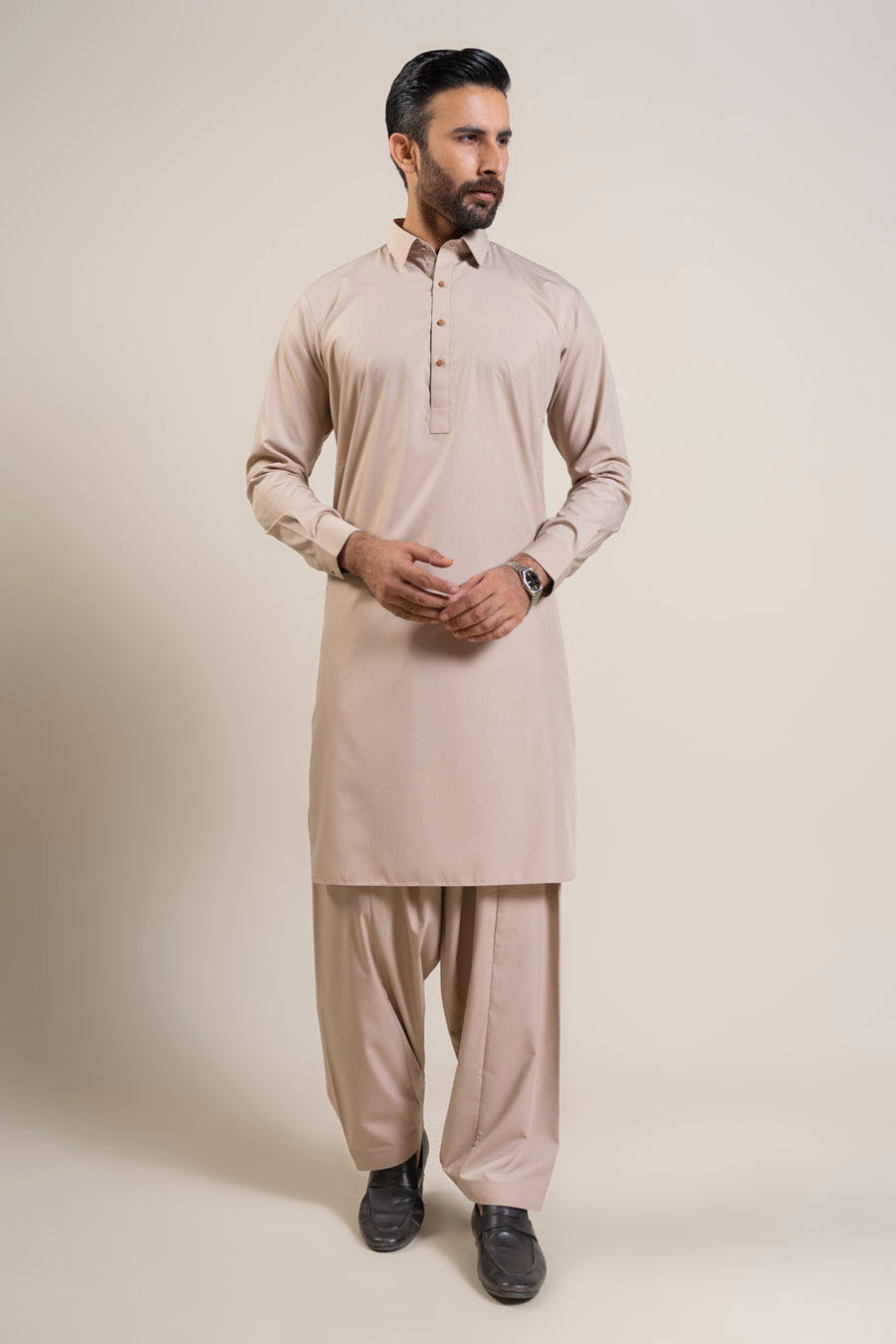 Ivory Silk Blend 2-Piece Kurta Shalwar | Shirt Collar