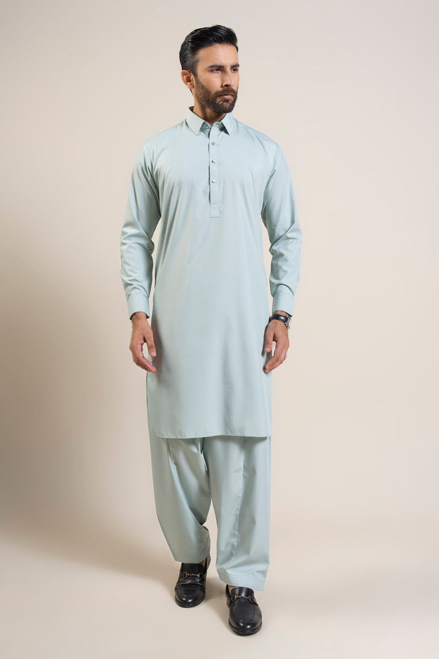 Sage Silk Blend 2-Piece Kurta Shalwar | Shirt Collar