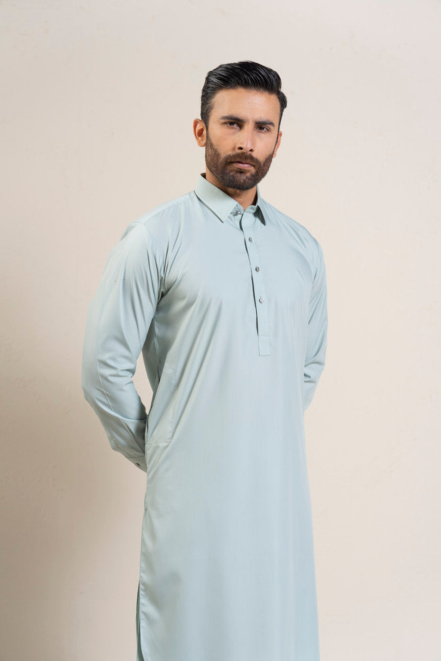 Sage Silk Blend 2-Piece Kurta Shalwar | Shirt Collar