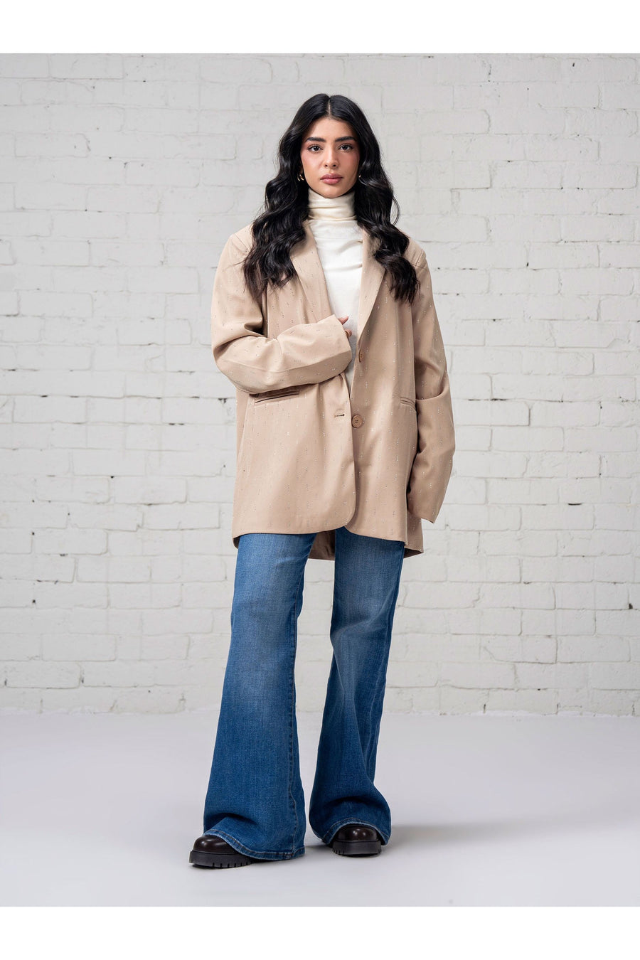 Beige Linen 1-Piece Oversized Blazer | Stone Embellishment