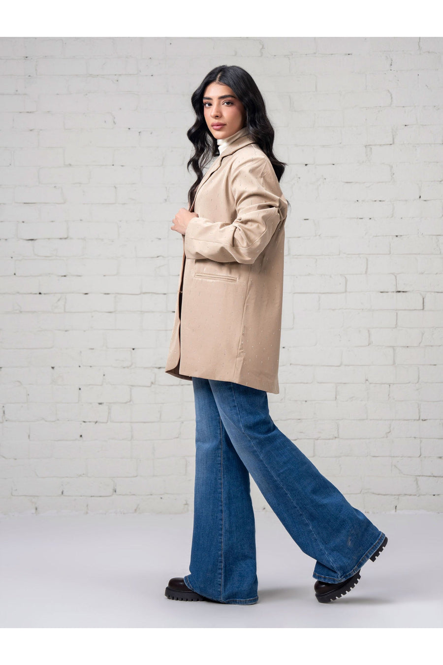 Beige Linen 1-Piece Oversized Blazer | Stone Embellishment