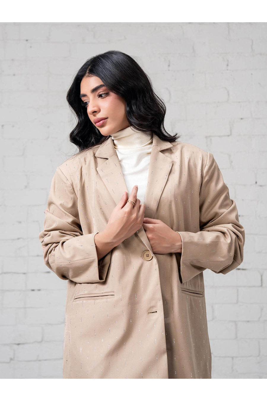Beige Linen 1-Piece Oversized Blazer | Stone Embellishment