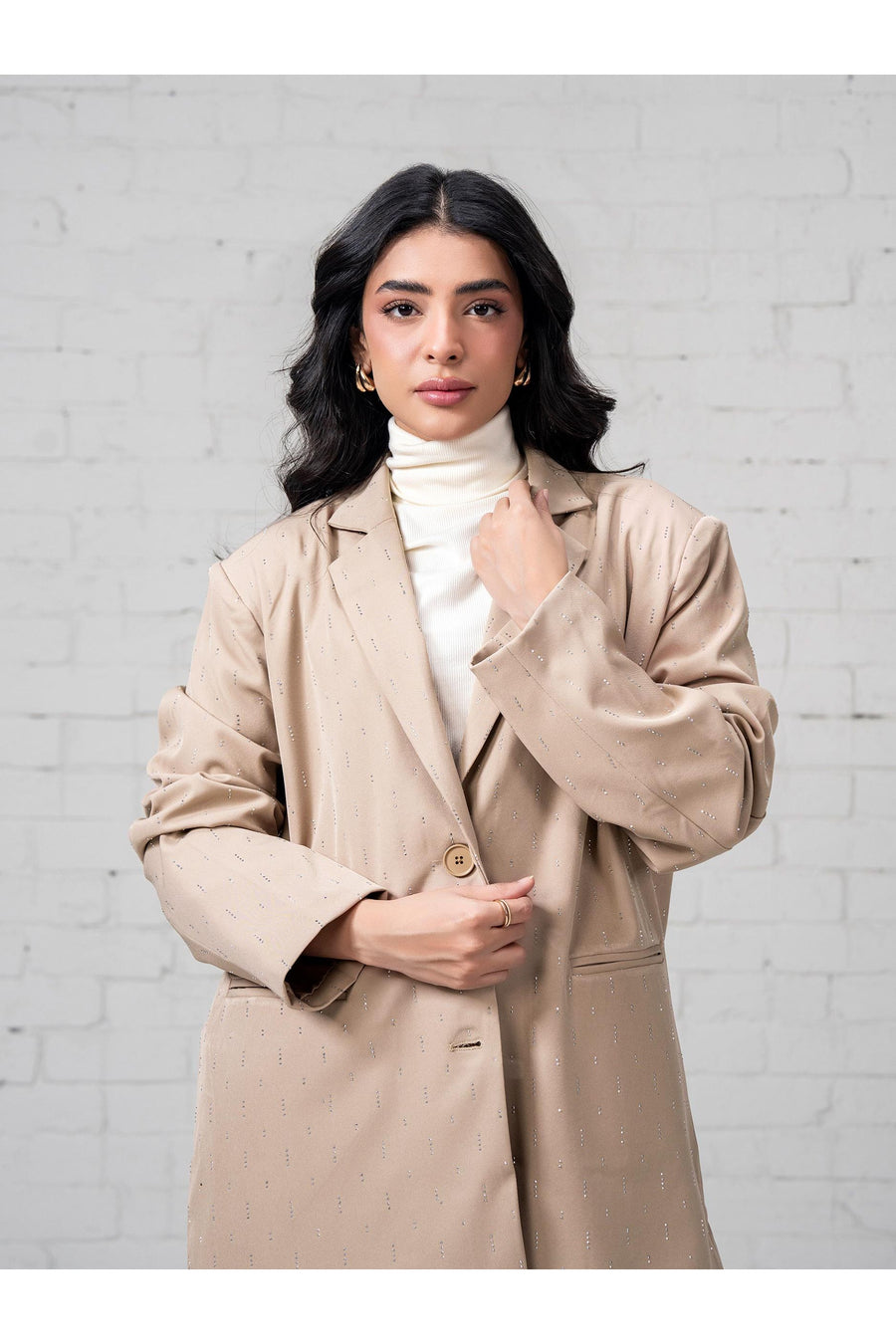 Beige Linen 1-Piece Oversized Blazer | Stone Embellishment