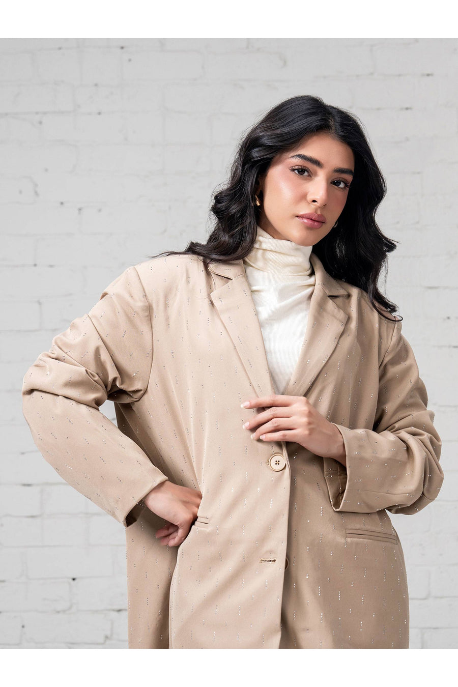 Beige Linen 1-Piece Oversized Blazer | Stone Embellishment