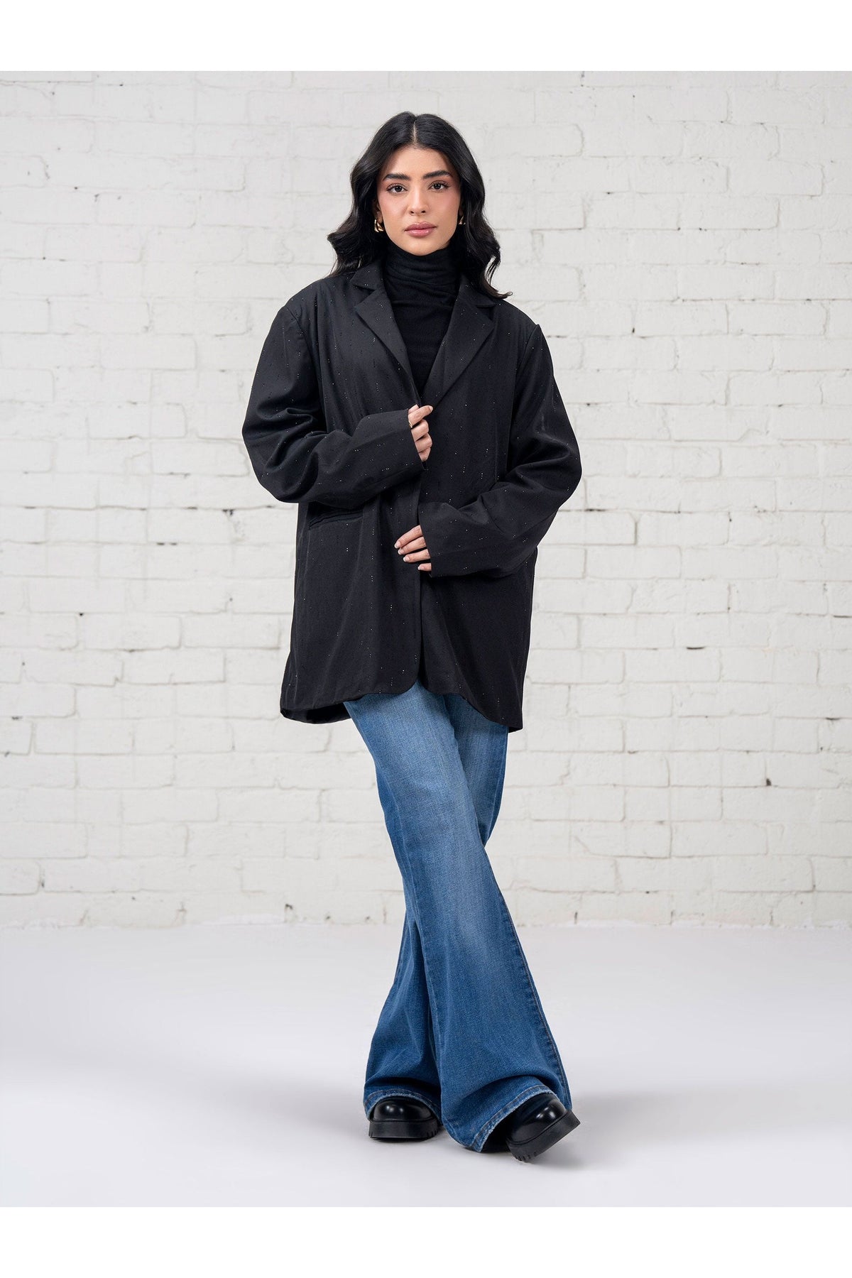 Jet Black Wool Oversized Blazer | Gemstone Hand-Set Details