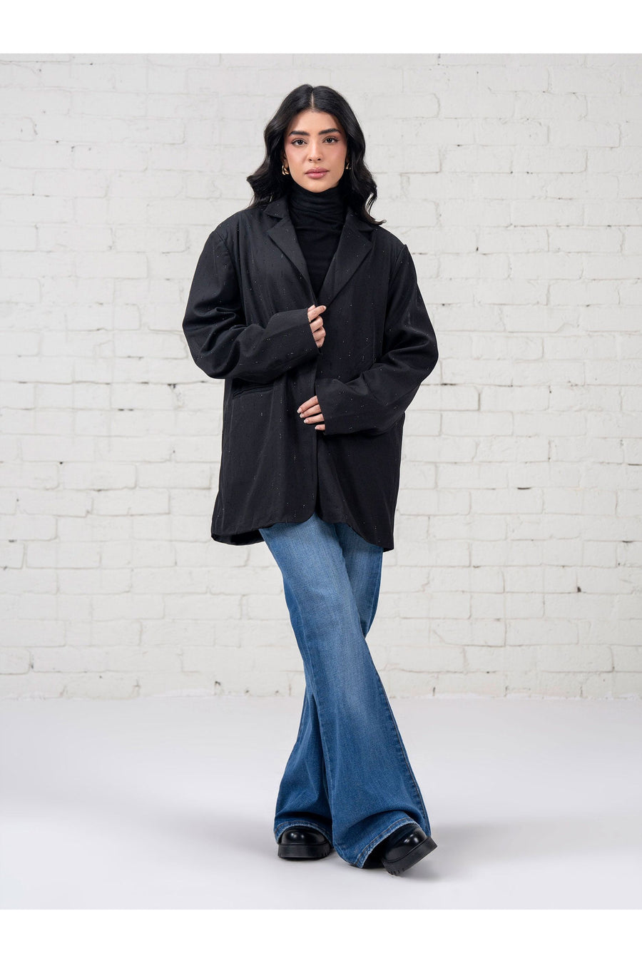 Jet Black Wool Oversized Blazer | Gemstone Hand-Set Details - Pehnaawaa
