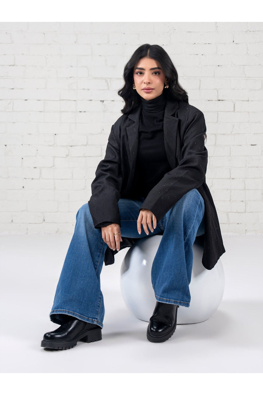 Jet Black Wool Oversized Blazer | Gemstone Hand-Set Details - Pehnaawaa