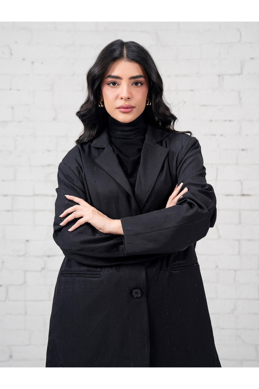 Jet Black Wool Oversized Blazer | Gemstone Hand-Set Details - Pehnaawaa