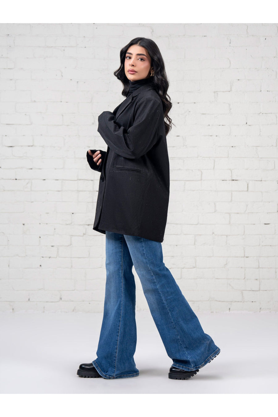 Jet Black Wool Oversized Blazer | Gemstone Hand-Set Details - Pehnaawaa