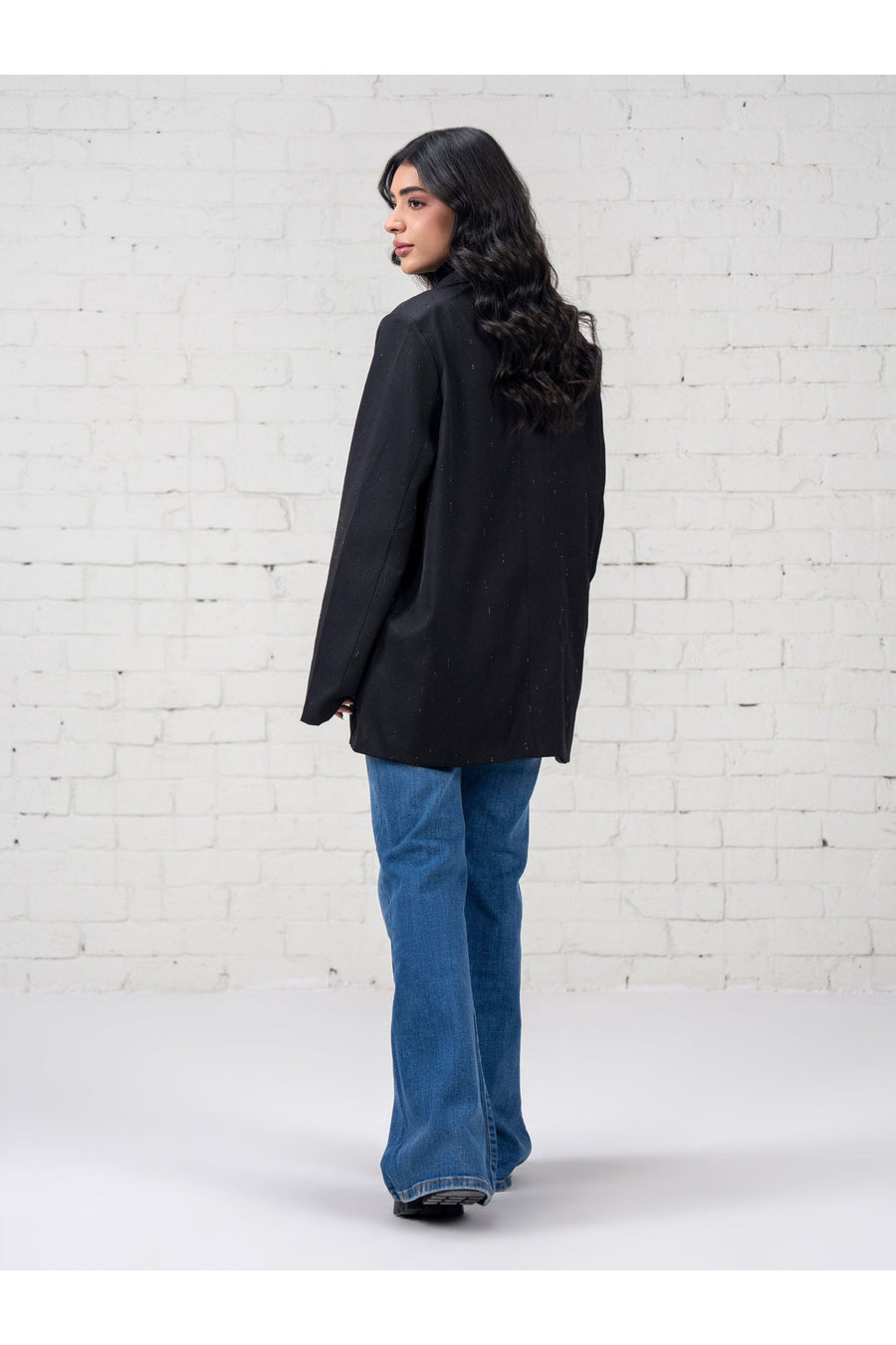 Jet Black Wool Oversized Blazer | Gemstone Hand-Set Details - Pehnaawaa