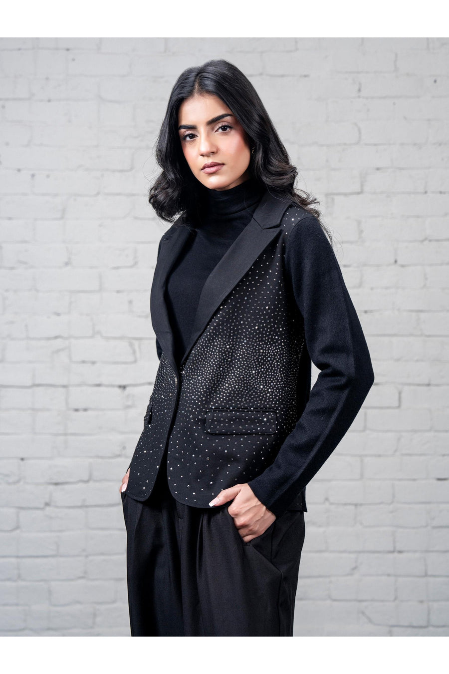 Midnight Wool Blend 3-Piece Suit | Rhinestone Blazer