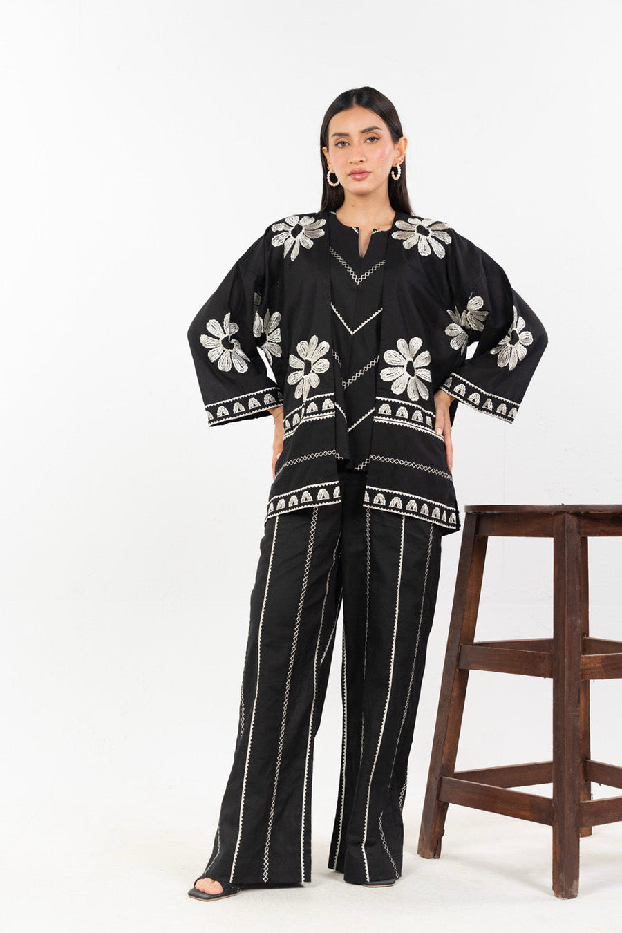 Midnight Cotton 2-Piece Suit | Floral Zardosi Work