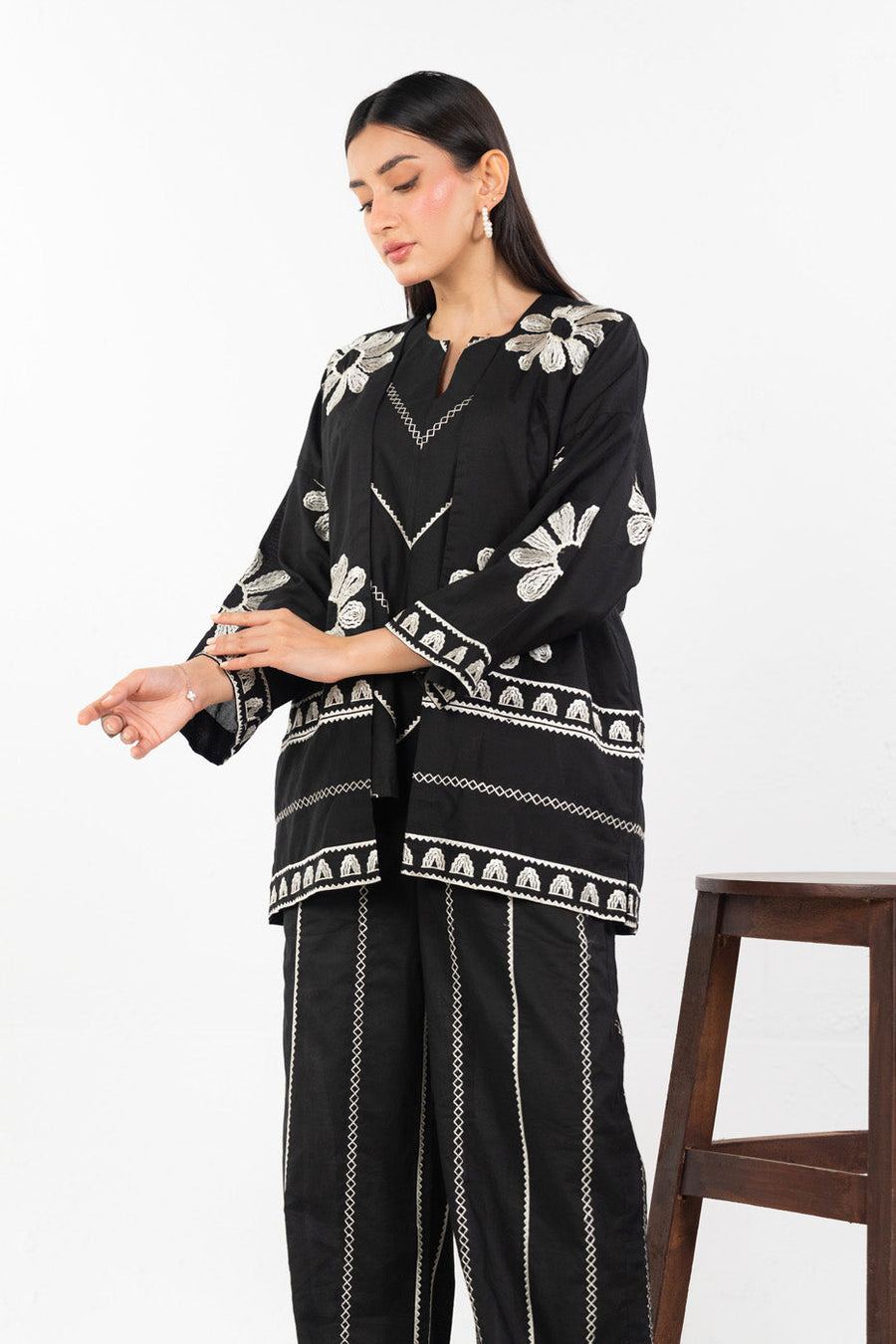 Midnight Cotton 2-Piece Suit | Floral Zardosi Work